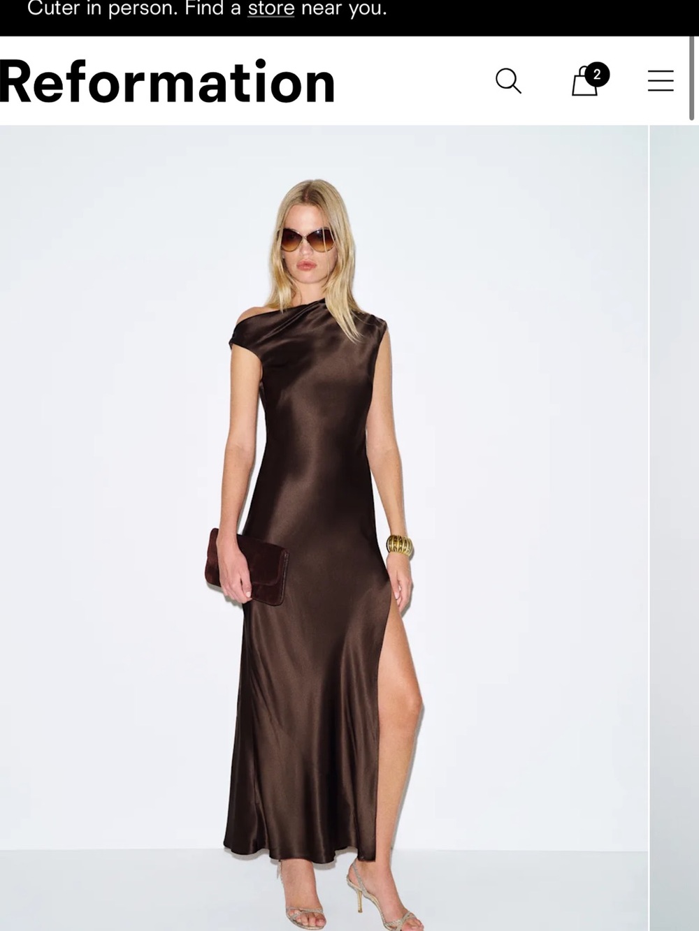 Reformation Razele Silk Dress Brown - Size 2 Satin One-Shoulder Slit Maxi Dress